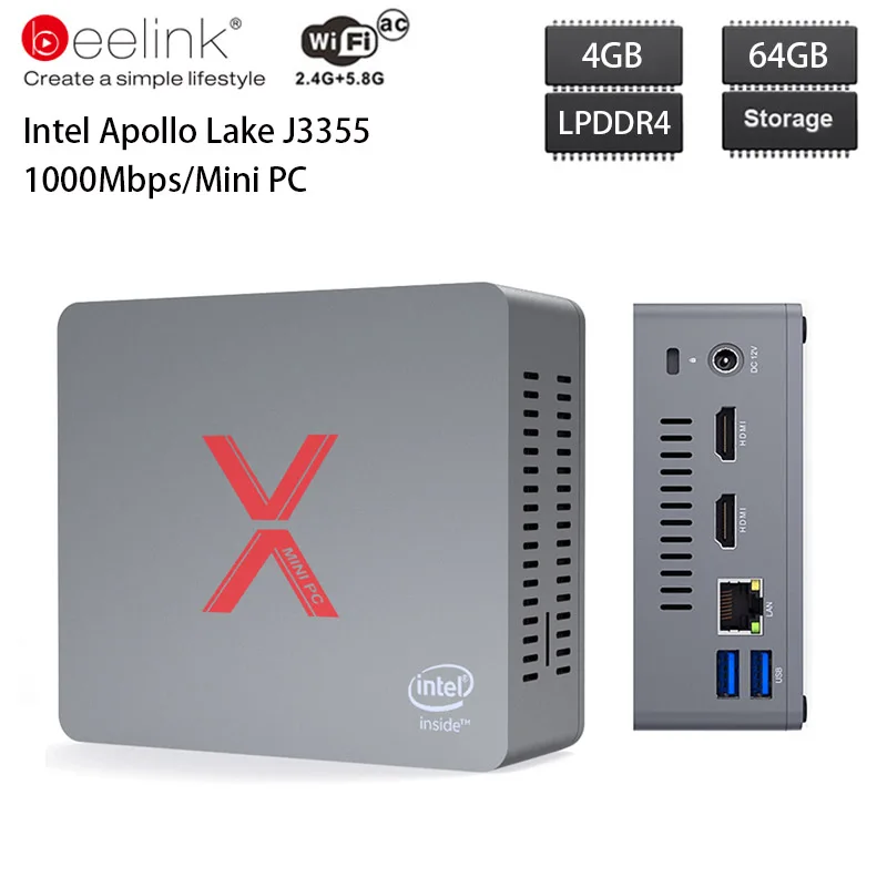 Beelink BT3-X мини-ПК Windows 10 Intel Apollo Lake J3355 Intel HD graphics 500 4 Гб DDR4 64 Гб 2,4 ГГц 5,8 ггц WiFi 1000 Мбит/с BT4.0