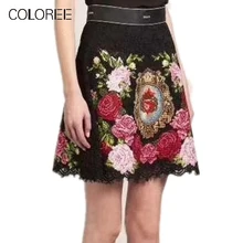 Весенняя подиумная винтажная Женская кружевная юбка,, высокая талия, Цветочная Роза, вышивка, черная юбка, Женская трапециевидная мини-юбка harajuku
