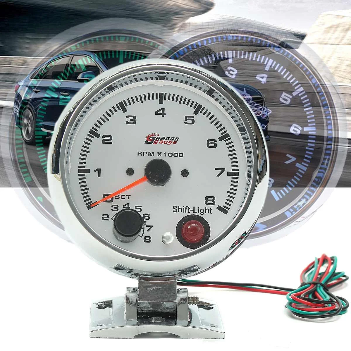 

95mm 7 Colors LED Backlight Tachometer Gauge White 0~8000RPM Works on 4 6 8 Cylinder Engines Universal Fits 12V Petrol Vehicle