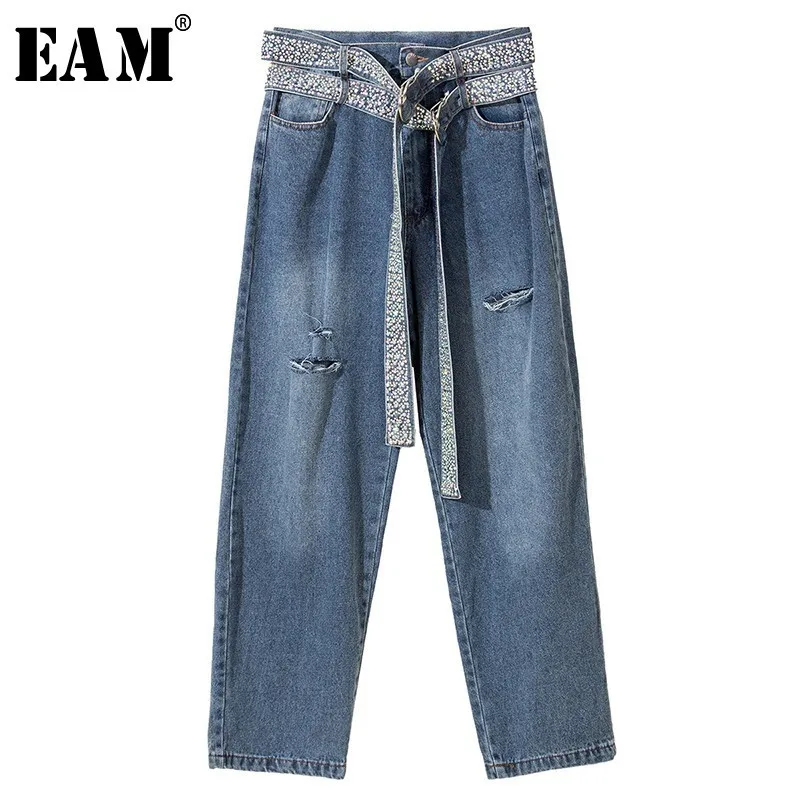 [EAM] 2019 New Spring Summer High Waist Loose Denim