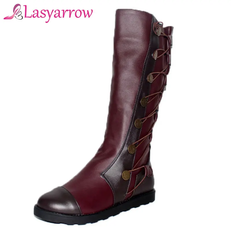 

Lasyarrow Women Mid Calf Boots Fashion Waterproof Flat Platform Autumn Winter Knight Boots Shoes For Female Retro Riding Boots