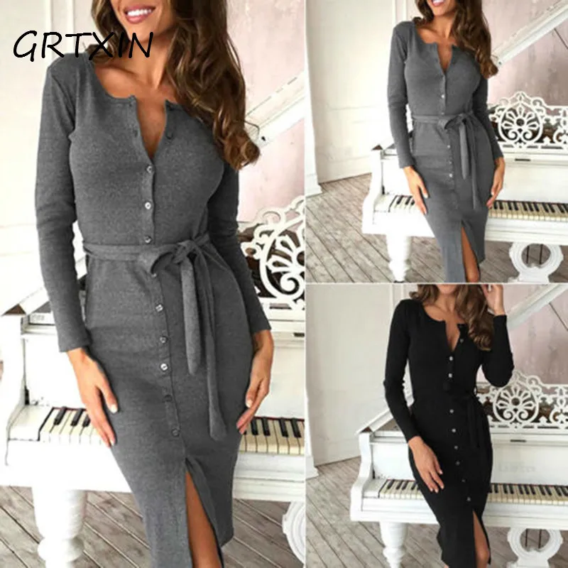 

New Autumn Winter Dress Women Slim Long Sleeve Buttons Casual Bodycon Cocktail Knee-Length Dress Female Dresses Vestidos