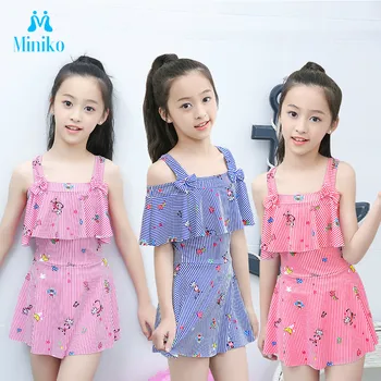 

2019 New Children Swimwear Kid Baby Striped Bikini Dress Ruffles Swimsuits Bath Korea Sandy Summer Beach Swimwears For Girls