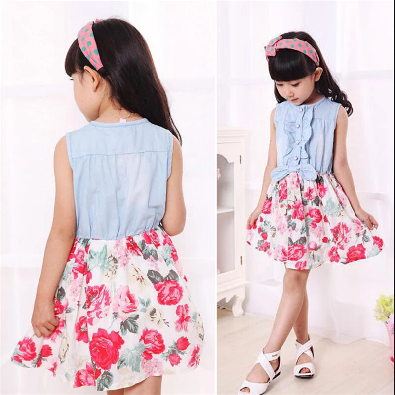

toddler baby girl summer One Piece Baby Girls Kid Flower denim Dress Pricness Summer Cute Sleeveless denim Dress 0-7Y