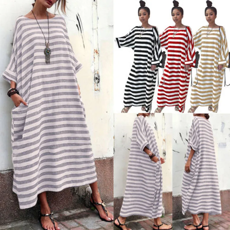 

2018 Brand New Fashion Women Sexy Ladies Boho Long Sleeve Red Oversized Striped Round Neck Pocket Long Maxi Black Dress 6-16