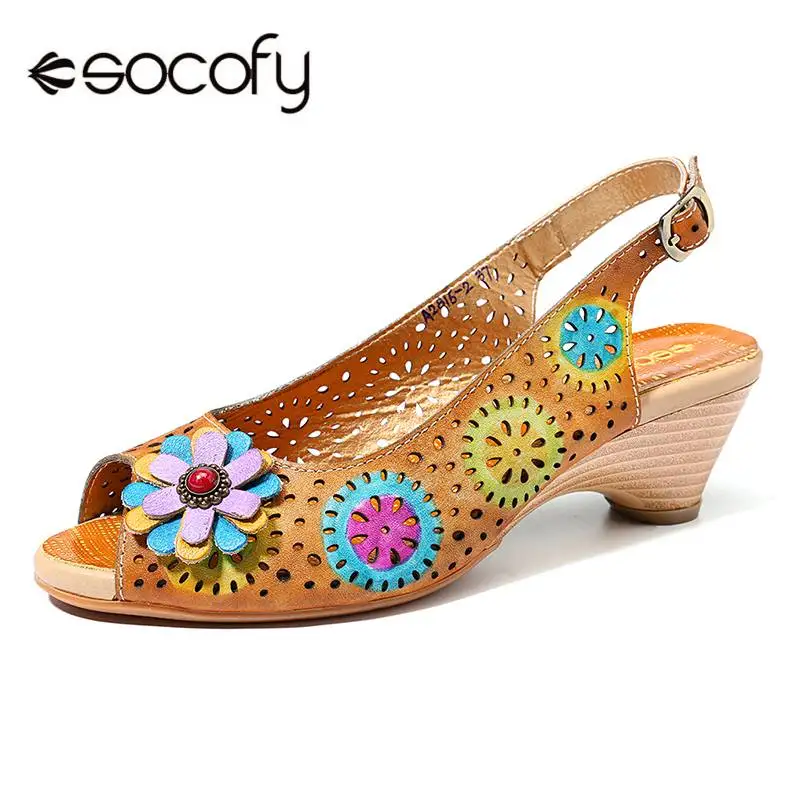 

SOCOFY Hand Painted Hollow Genuine Leather Floral Pattern Soft Buckle Strap Sandals Summer Casual Women Flat Shoes Zapatos New