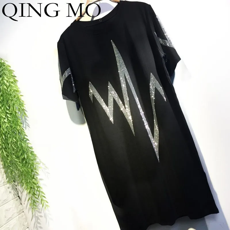 

QING MO Flash Hot Drilling Dress Women Long Short Sleeve Dress Black Knee Length T Shirt Dress Loose Summer Tops ZLDM031