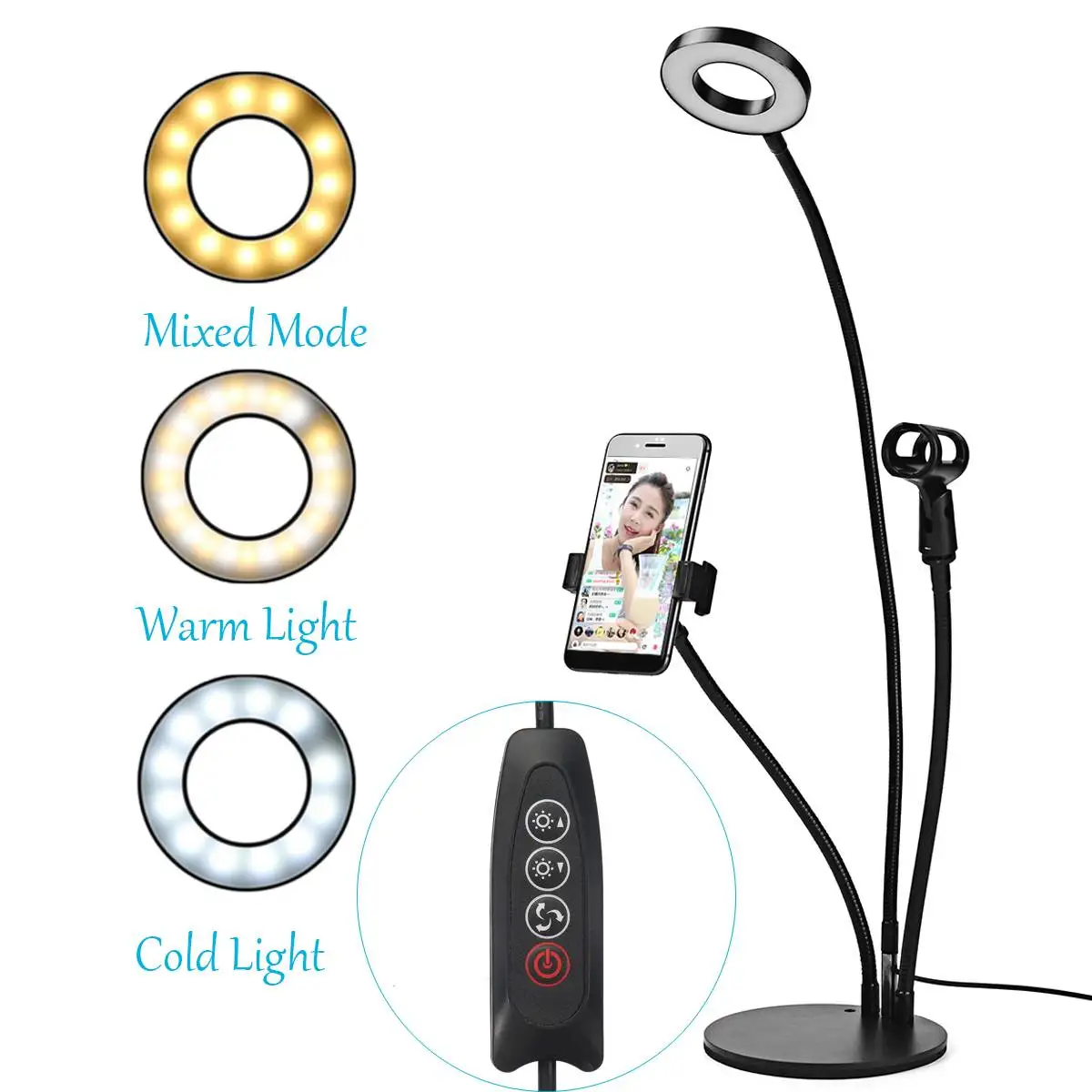 

Flexible Selfie live Stream Holder with LED Camera Light Dimmable Lazy Desktop Cell Phone Stand Double Clip Bracket for Facebook