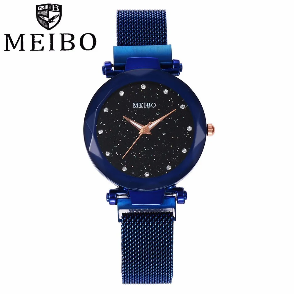 Модные женские туфли сетки Магнит пряжка Часы со звездами роскошная женская Геометрический поверхности кварцевые часы MEIBO марка Relogio Feminino