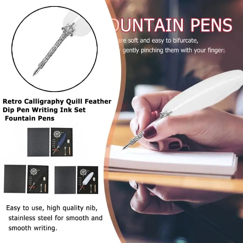 1 Set English Calligraphy Quill Feather Dip Pen Pen Writing Ink Set Stationery Gift Box with 5 Nib Party Teacher's Day Gift