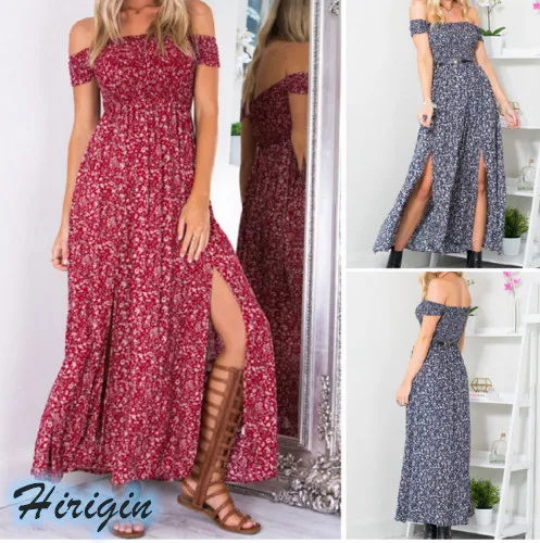 

Summer Dresses Women Summer Bohemian Print Bodycon Long Dress Off Shoulder Short Sleeve Strapless Dress