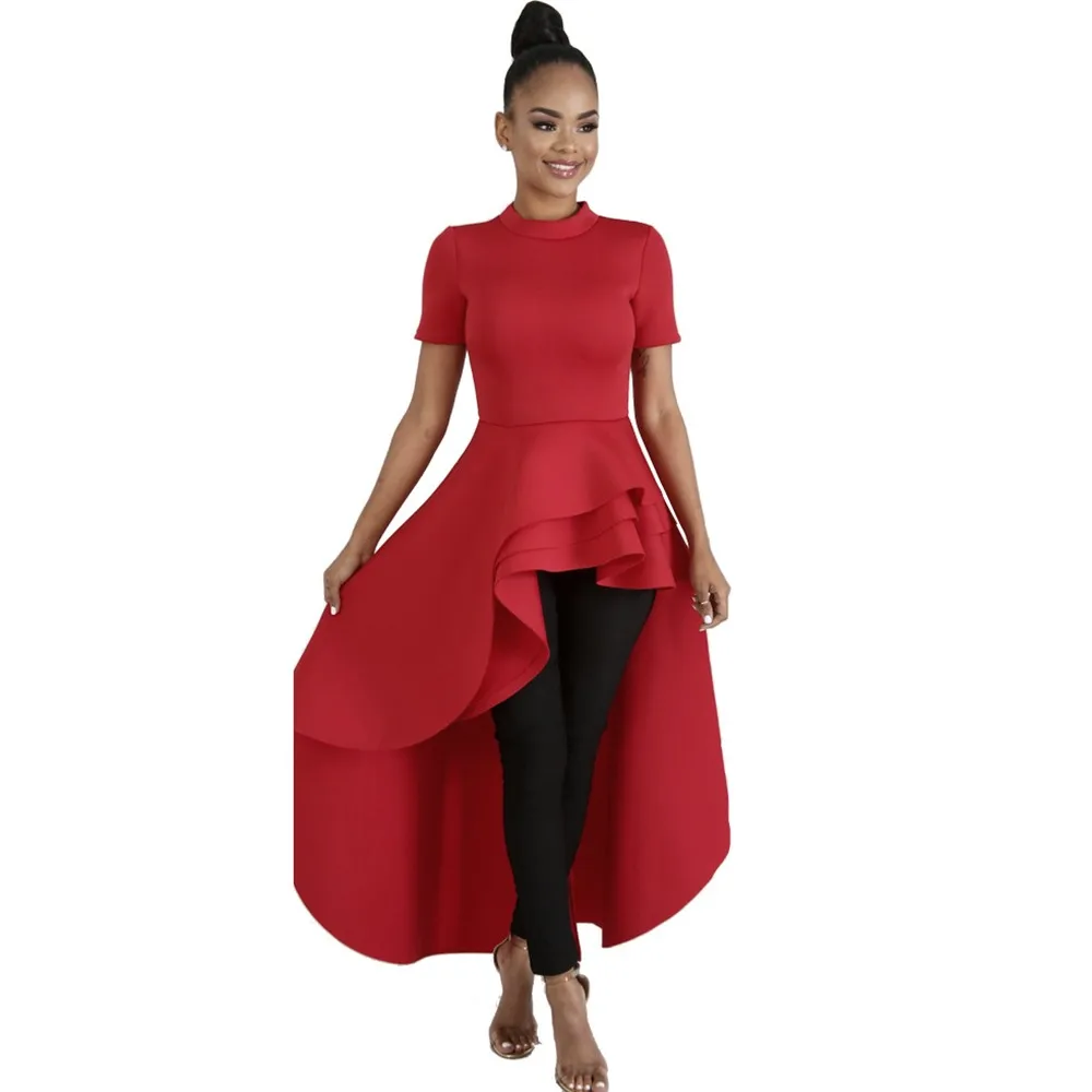 

Clocolor Women Blouse Shirt Plus Size Fashion Ruffle Tails Slim Summer Top Asymmetric Falbala Ladies Long Peplum Party Blouse