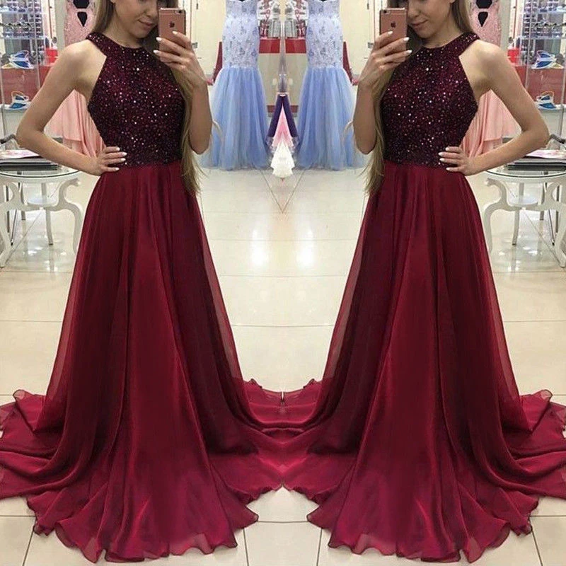 

Meihuida Sexy Women Formal Wedding Long Evening Party Ball Dress Ladies Dress Halter Sleeveless Sequins Lace Long Dresses