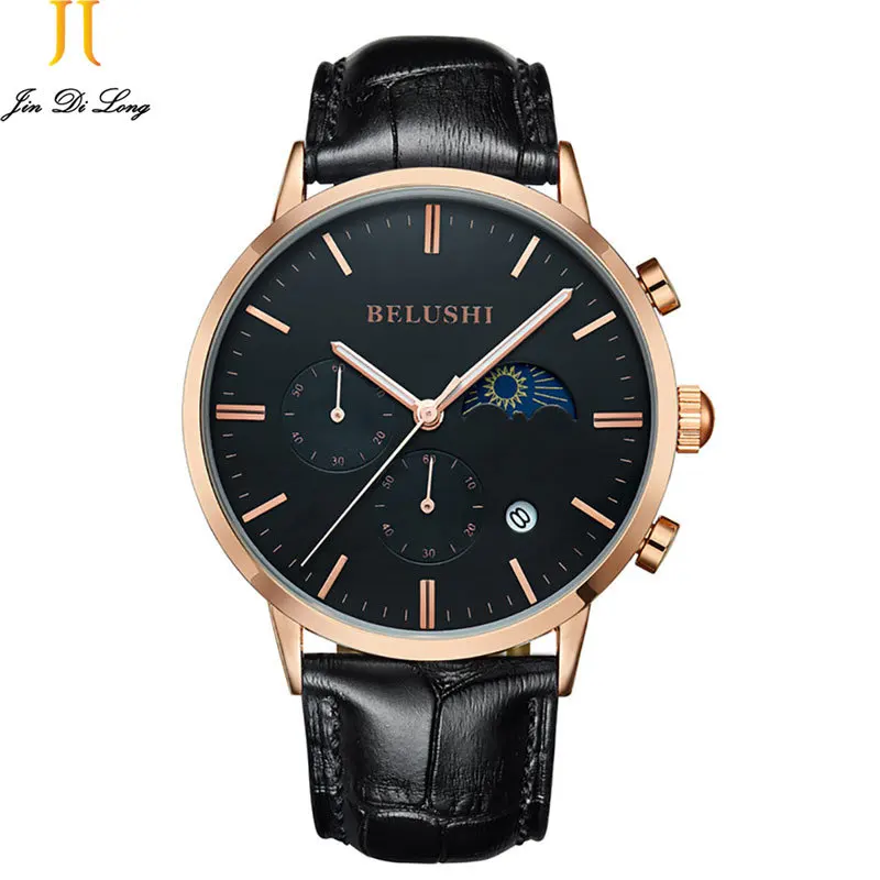 

Men's Quartz Watches Genuine Leather Strap Moon Phase Stainless Steel Alloy Round Dial Window Hardlex Watches Free Shipping