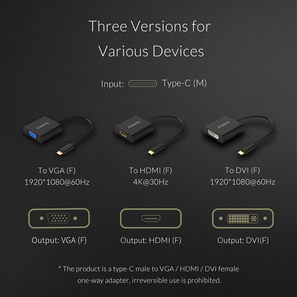 Кабель конвертер ORICO Type C Male HDMI/VGA / DVI Female адаптер с большим экраном 4K HD для ноутбука
