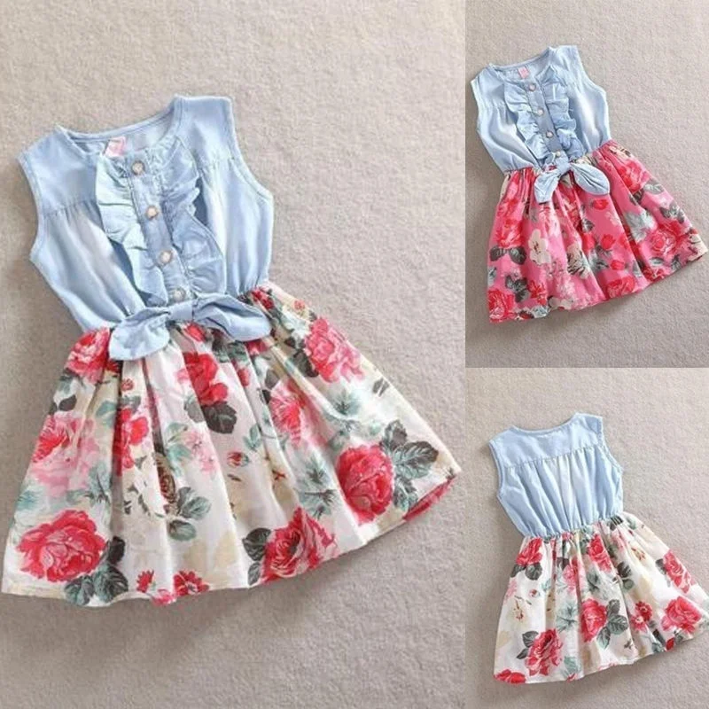 

Girls'Dresses 2019 New Summer Lovely Girls Flowers Jeans Vests Lace Chiffon Princess Dress Children's Clothes 1-7 Years Old