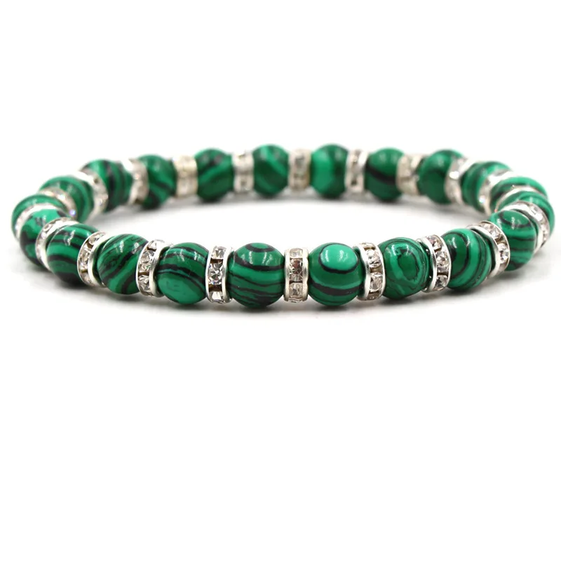 

Single Circle Five Color 8mm Malachite Golden Silver Rhinestone Men And Women Bracelet Beads Bracelets For Women Men jewelry