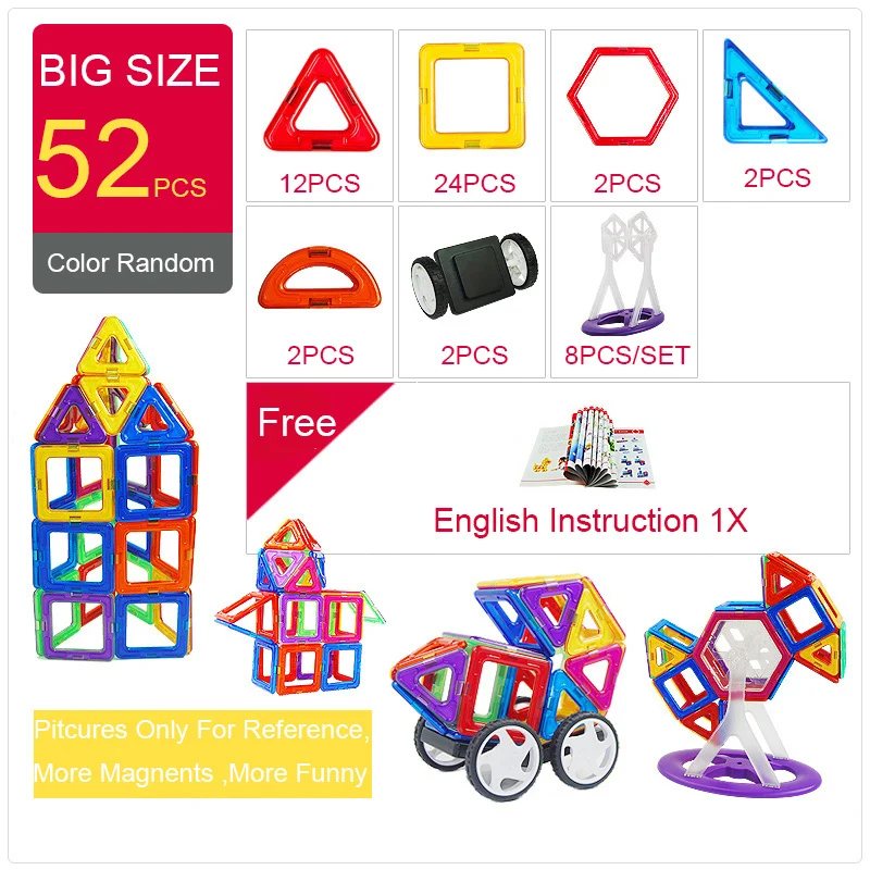 

52pcs Big Size Magnetic Building Blocks Triangle Square Brick Designer Enlighten Bricks Magnetic Toys Free Stickers Gift