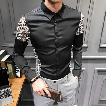 

2019 spring fashion Korean men's sleeves lace hollow long-sleeved shirt hair stylist Slim shirt tide