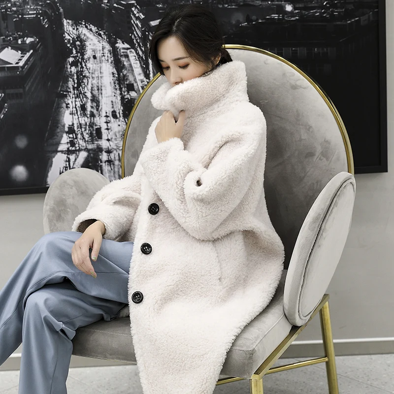 Real Fur Coat Shearing Jacket Sheepskin Winter Coat Women 2018 Lamb Wool Korean Single-breasted Thick Warm Long Overcoat OKD574