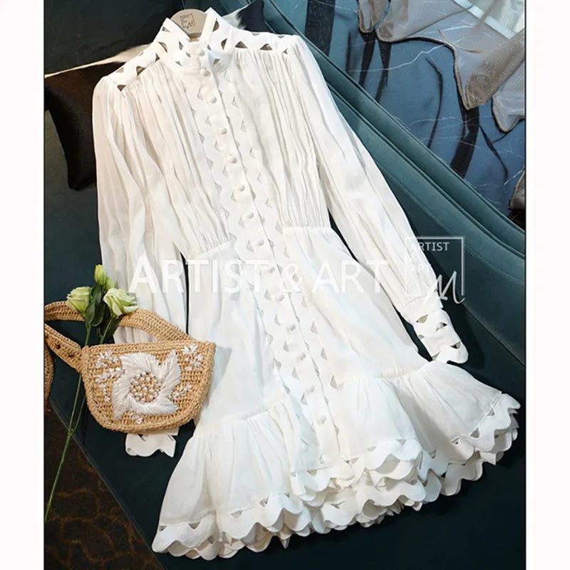 

Runway Designer Cotton And Linen Dress 2019 Vintage White Hollow Out Lantern Sleeve Embroidery Dress Ruffles Vacation Dress