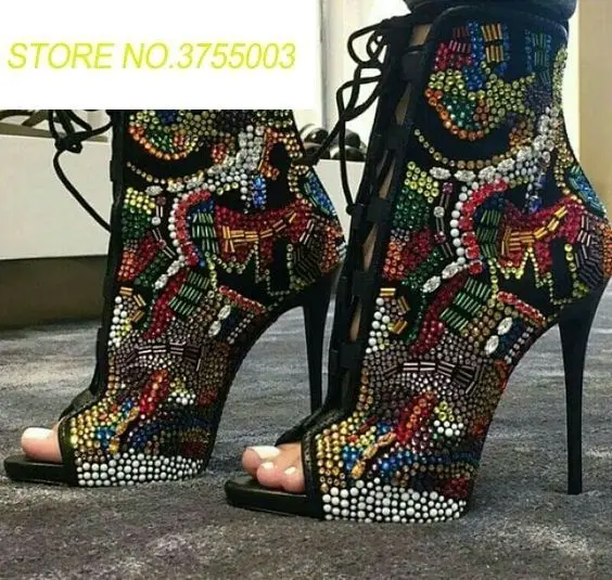 

Multicolor Rhinestone Embellished Women Ankle Boots Sexy Lace Up Peep Toe High Heels Summer Sandals Boots Bling Crystal Sandals