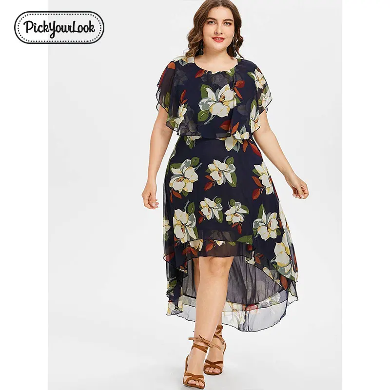 

Pickyourlook Women Midi Dress Plus Size Summer Bohemian Vestido De Festa Short Sleeve Floral Translucent Women Large Size Dress