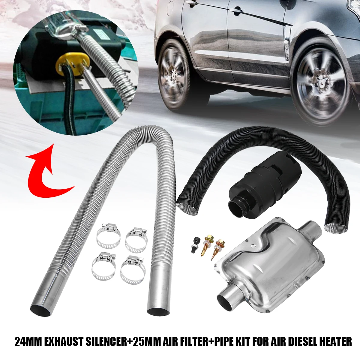 

Mayitr 1 Set 24mm Exhaust Silencer + 25mm Air Filter + 4pcs Clamps + Pipe Kit For Air Diesel Auto Replacement Heater Parts