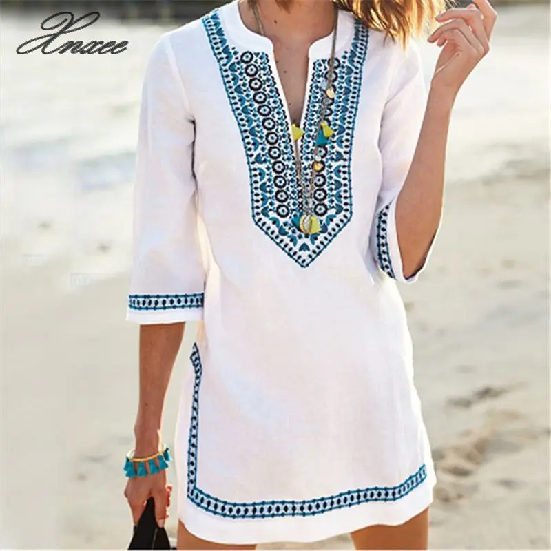 

Embroidery Vintage Beach Cover up Swimsuit Women Bikini cover up Tunics for Beach Pareo Sarong Beachwear