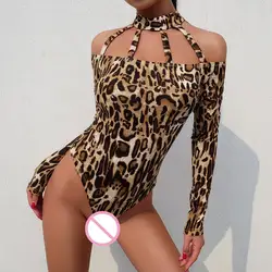 Сексуальный комбинезон выдалбливают Leopard боди с принтом узкие Для женщин Холтер облегающие комбинезоны с открытыми плечами боди с длинным