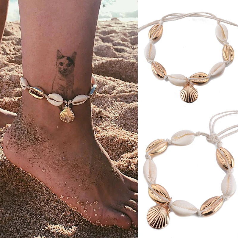 

Adjustable Seaside Bohemian Sequins Beads Unique Women Geometric Anklet Gold Color Foot Jewelry 2019 New Arrival Shell 1PC