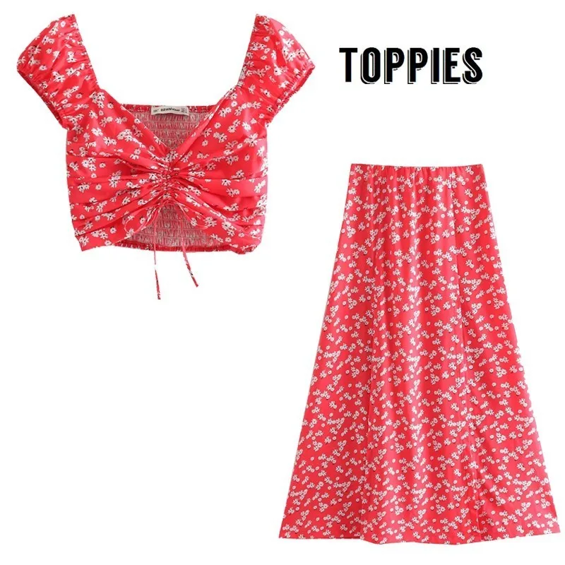 

Summer Short Two Piece Set Printing Red Vacation Beach Set Puff Sleeve Sexy Cropped Tops High Waist Long Skirts