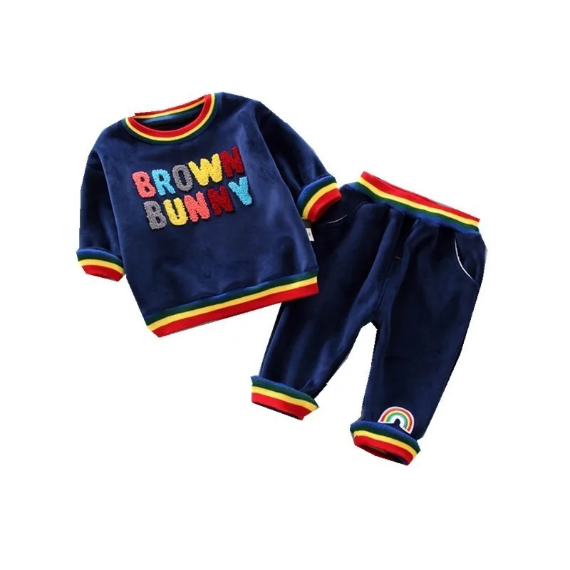 Autumn Winter Baby Girl Boy Clothing Sets Plush Velvet Infant Clothes embroidery Suits Rainbow Color Children Kid Casual Coatume | Детская