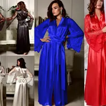 Новое нижнее белье, пижамы, атласные кружева, сексуальные женские неженки с длинным рукавом, свободный халат, кимоно, ночная сорочка, ночной халат с глубоким v-образным вырезом