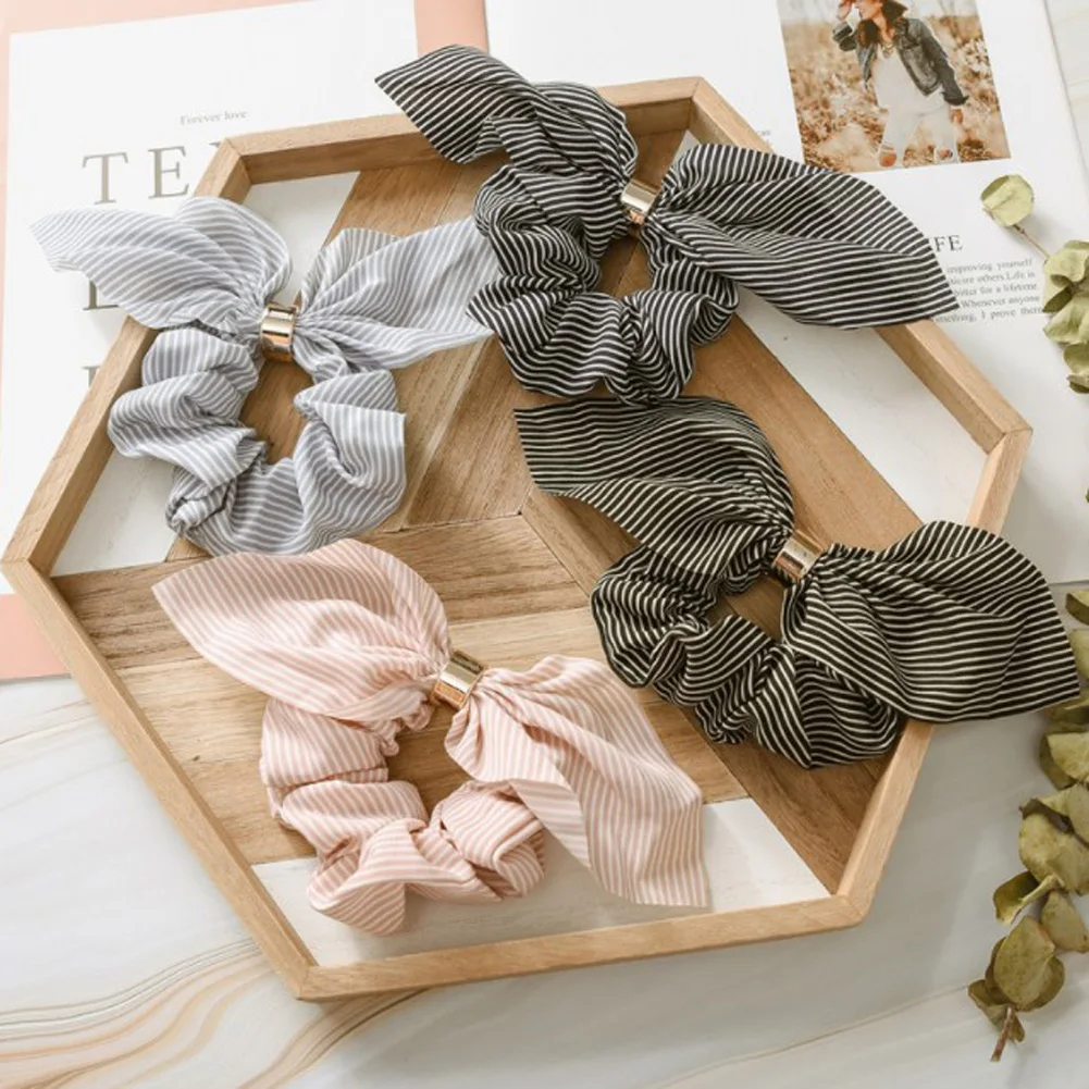 

Rabbit Ear Striped Elastic Hair Bands Ties Hair Rope Metal Buckle Scrunchies Striped Headwear Girls Fashion Elastic Hair Bands