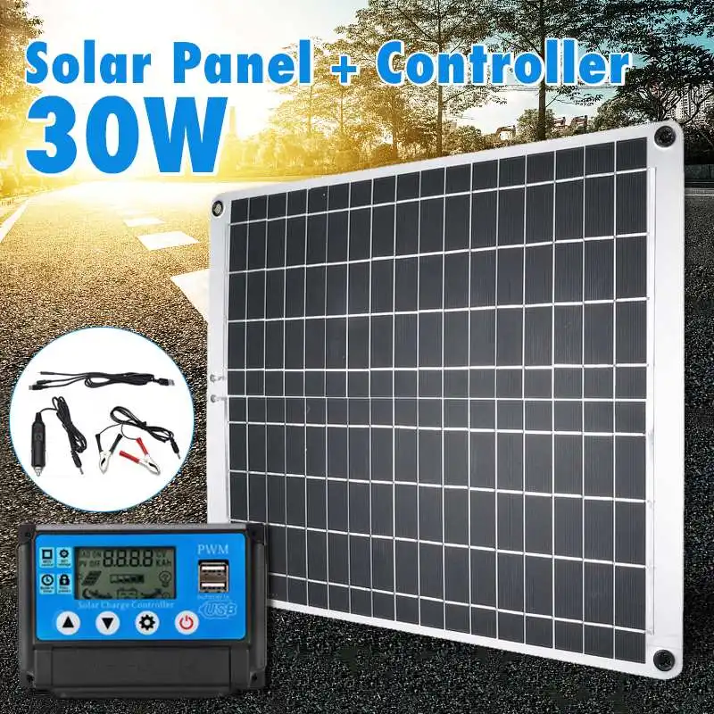 

30W USB Solar Panel Monocrystalline Solar Panel with Car Charger +10/20/30/40/50A Controller for Outdoor Camping Emergency Light
