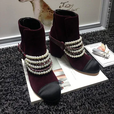 

2018 Shoes Woman Leather High Heels Ankle Boots String Bead Belt Buckle Mixed Color Boots Woman zapatos de mujer