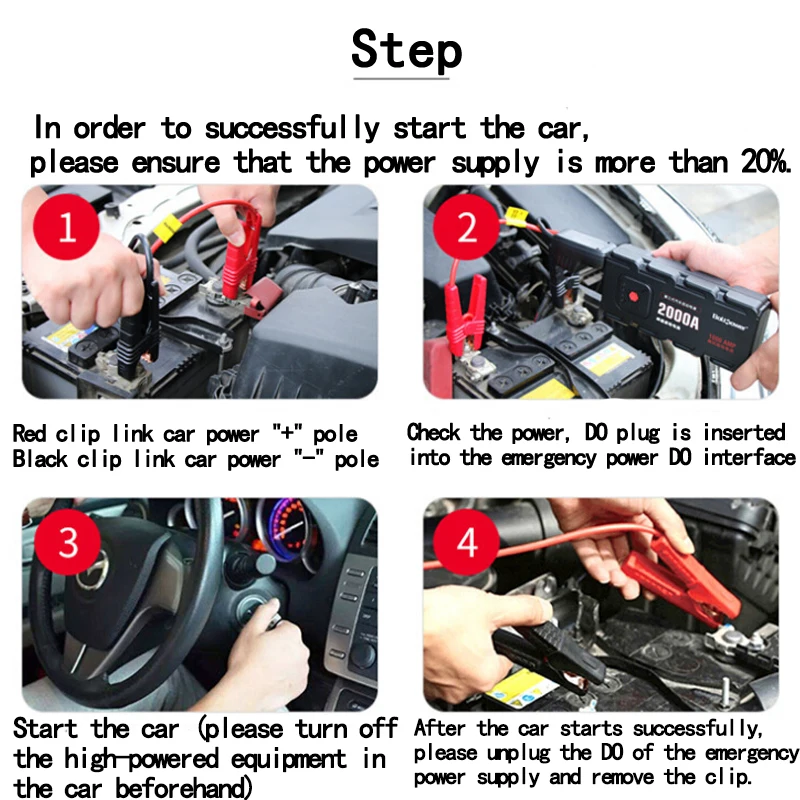 2000A Peak Car Jump Starter Pack Portable LED Flashlight Power Bank Car Boat Auto Cars Battery Supply Phone Power Clamps For 12V 2000A Peak Car Jump Starter Pack Portable LED Flashlight Power Bank Car Boat Auto Cars Battery Supply Phone Power Clamps For 12V