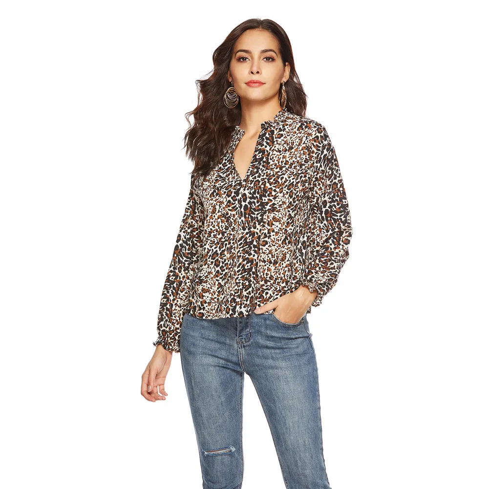 

New Fashion Womens Leopard Blouse Print Long Sleeve Tops Loose OL Shirts V-Neck Party Blusas Femininas Elegante Chemise Femme