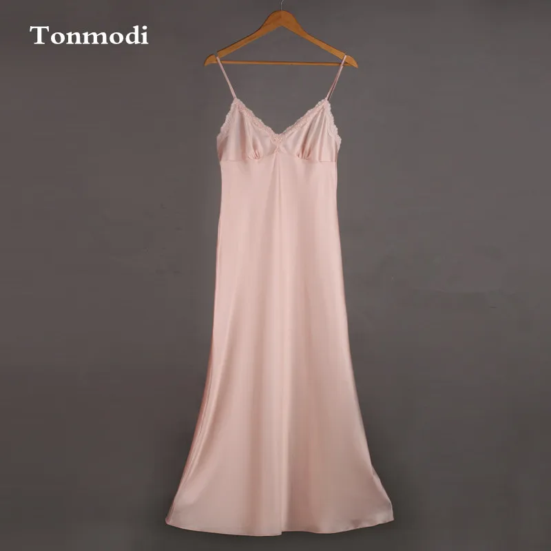

Female autumn and winter long nightgown lotus pink lace sleepwear lengthen silk nightgown spaghetti strap sexy sweet
