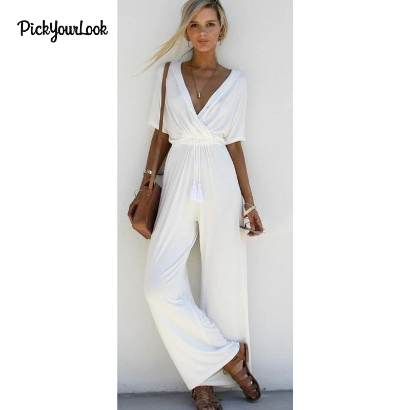 PickyourLook Deep V Jumpsuit Overalls combinaison femme 2019 Rompers Womens Jumpsuit Loose Sexy Jumpsuit Summer Wide Leg Romper