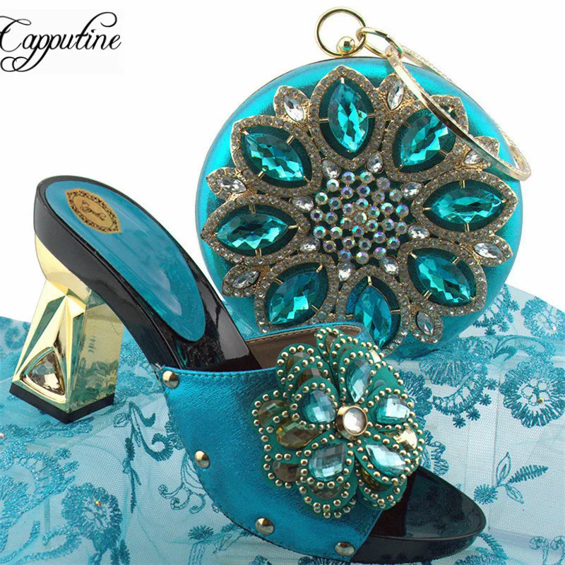 

Fashion New Italian Shoes And Bag Set For New Year Party African Metal Decoration High Heels Shoes And Purse Set 7 Colors SL001