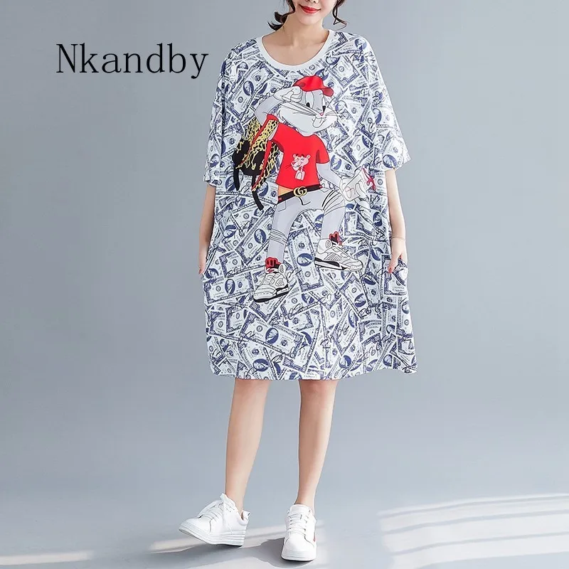 

Nkandby Plus Size Womens T Shirt Dress 2019 Summer Clothing Casual Loose Short Sleeve Woman Dresses Korean Cartoon Print Vestido