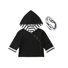 Новая Осенняя Милая Повседневная куртка с капюшоном для маленьких мальчиков и девочек от 0 до 24 месяцев комплект из 2 предметов, однобортная черная теплая одежда в полоску с капюшоном+ шарф