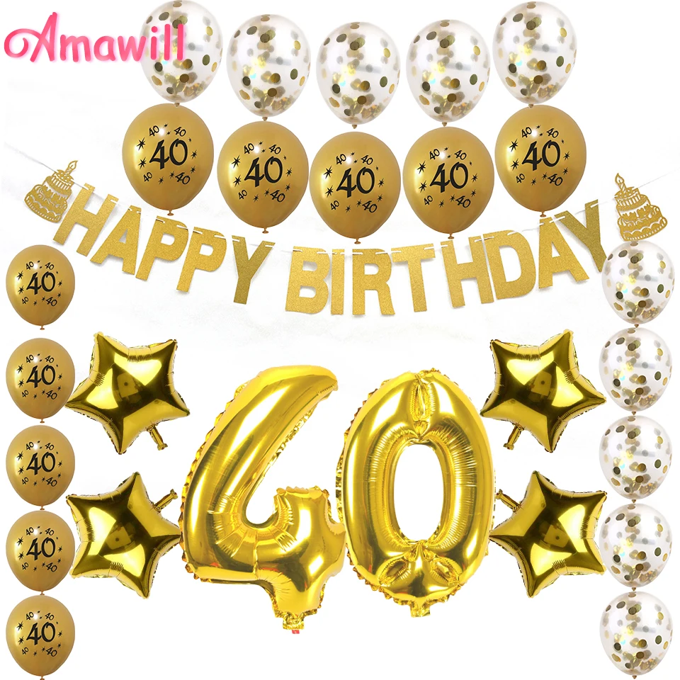 

Amawill 40th Birthday Decorations Party Supplies 40 Printed Balloons Paper Banner 40 Years Old Anniversary Party Accessories 8D