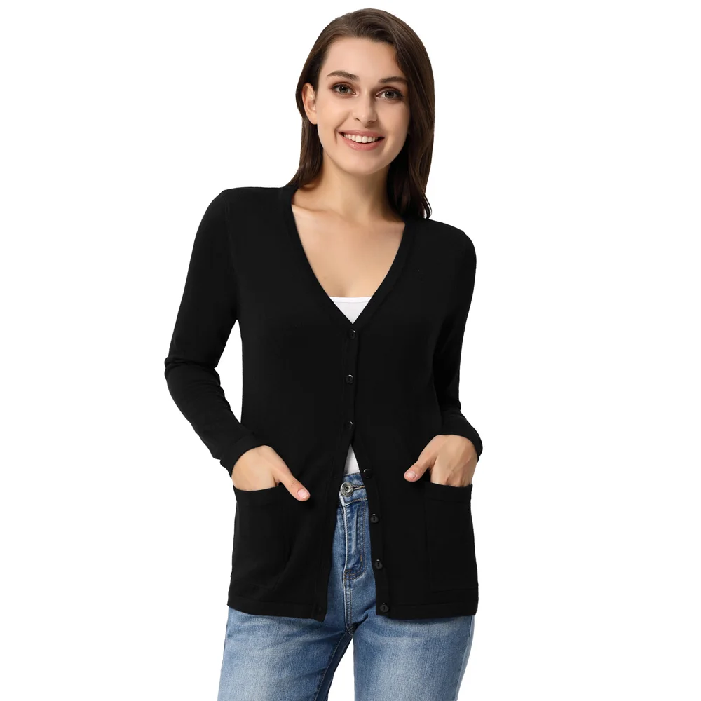 

New fall Women knitted cardigan coat basic solid slim pocket Long Sleeve V-Neck Button Placket Knitwear Thin Knitting Coat tops