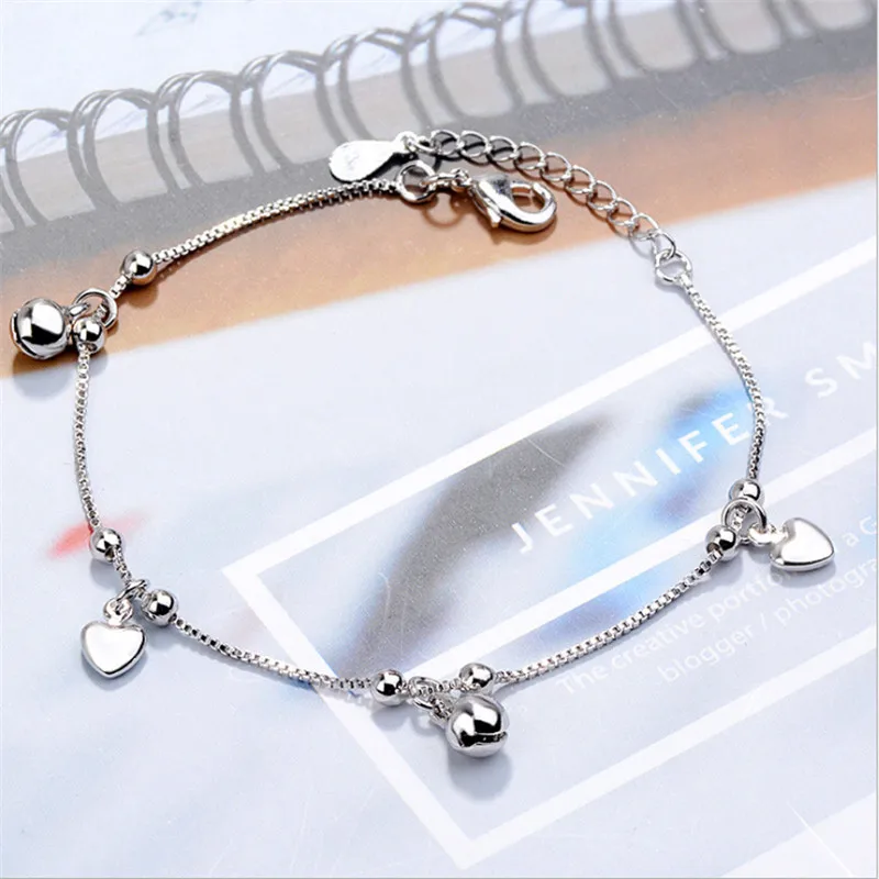 

Female Trendy Lovely Small Bell Heart Chain Bracelet Solid 925 Sterling Silver Chain Link Ankle Bracelet Gorgeous Jewelry Gift