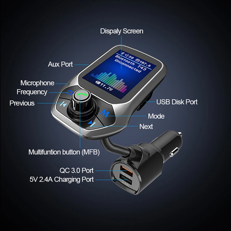ANLUD Bluetooth автомобильный комплект QC 3 0 fm передатчик цветной монитор Handsfree MP3 Lossless