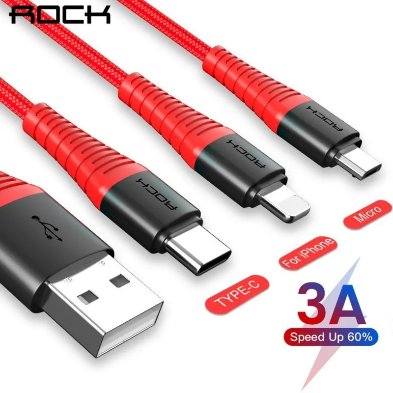 Кабель Rock 3 в 1 USB Type C для iPhone Xs Max X 8 7 6 s 3.0A провод быстрой зарядки Lightning Xiaomi mi9 Samsung s10