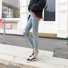 Pengpious/эластичные джинсы с дырками; модные джинсовые брюки для девочек; джинсовые брюки